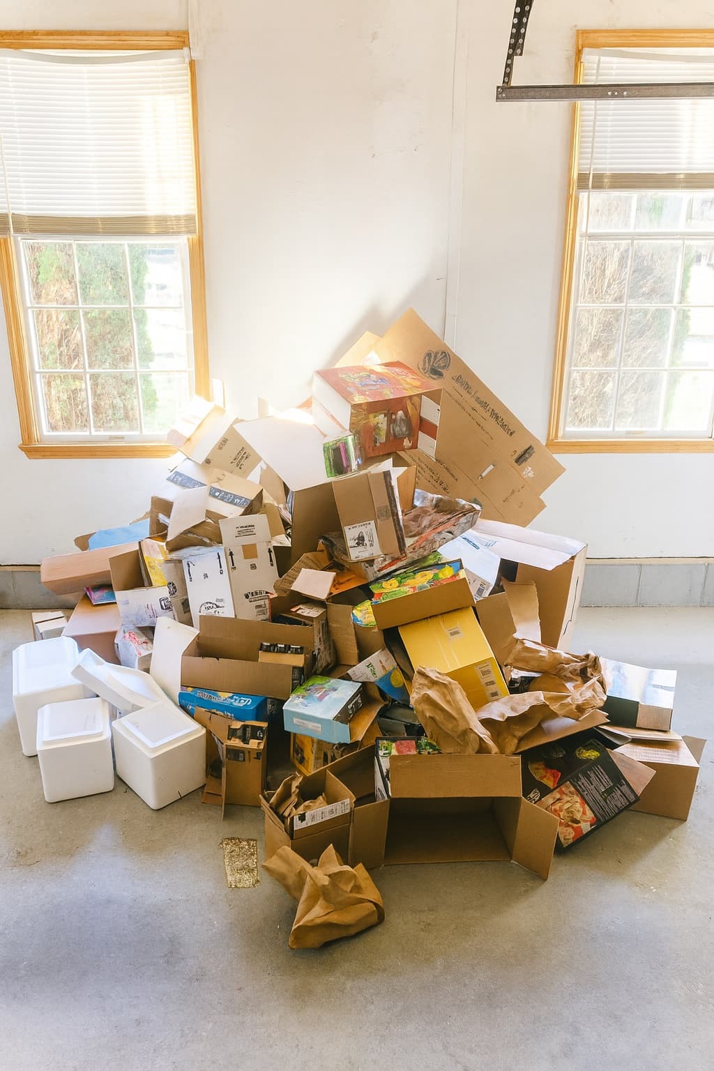 Garage piled high with loose cardboard boxes before FlatStack pickup.